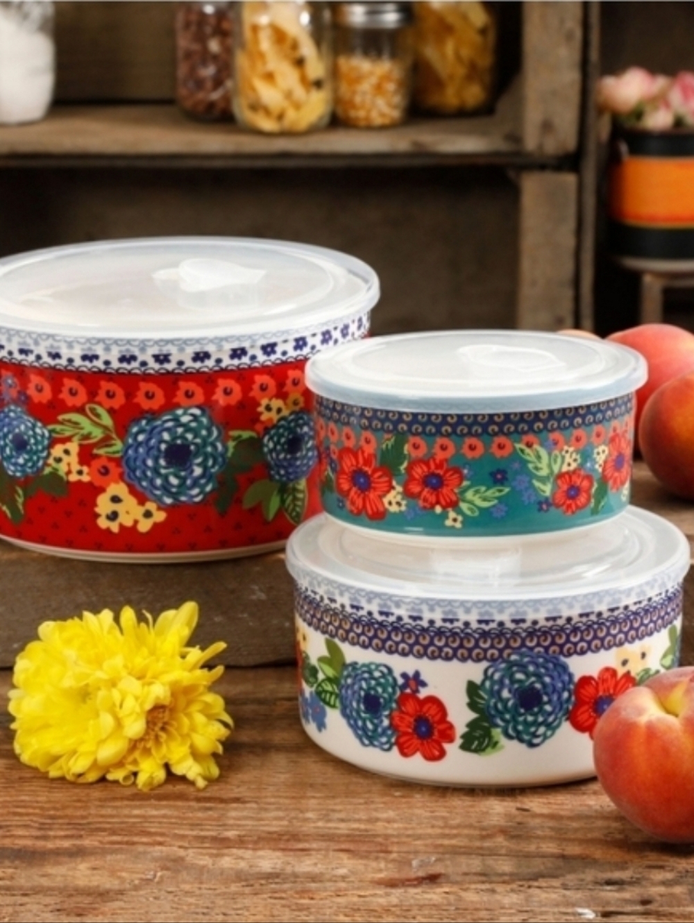 Pioneer Woman Dazzling Dahlia 6pc Bowl Set With Vented Lids